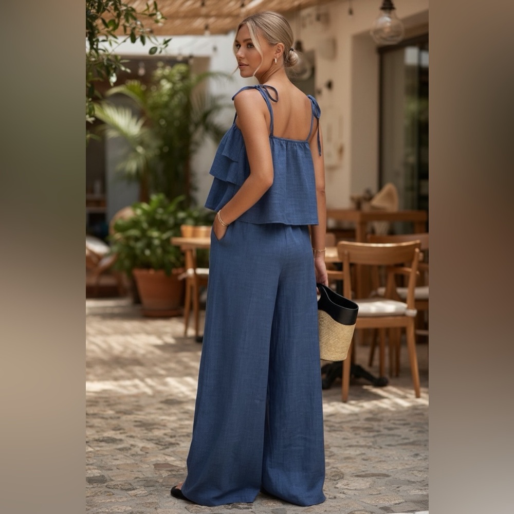 Royal Blue Ruffle Crop Cami Wide Leg Pants Set Beach Resort - Picture 3 of 6